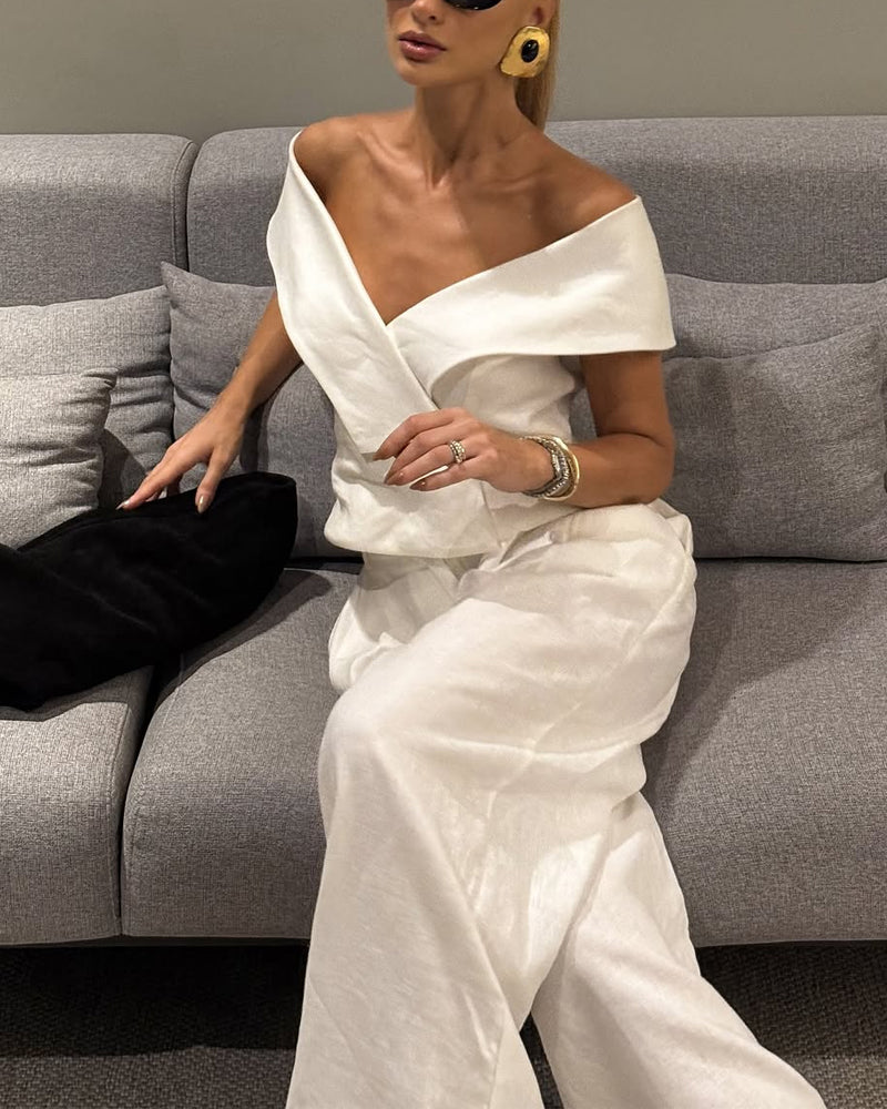 Fashion V-Neck Top & Wide Leg Pants Two-Piece Set