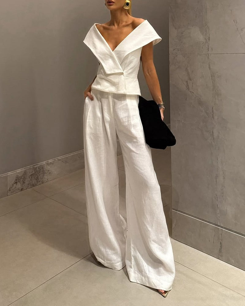 Fashion V-Neck Top & Wide Leg Pants Two-Piece Set
