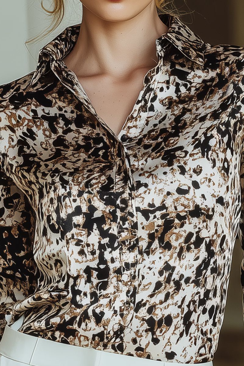 Modern Animal Print Satin Blouse In Cream And Mocha