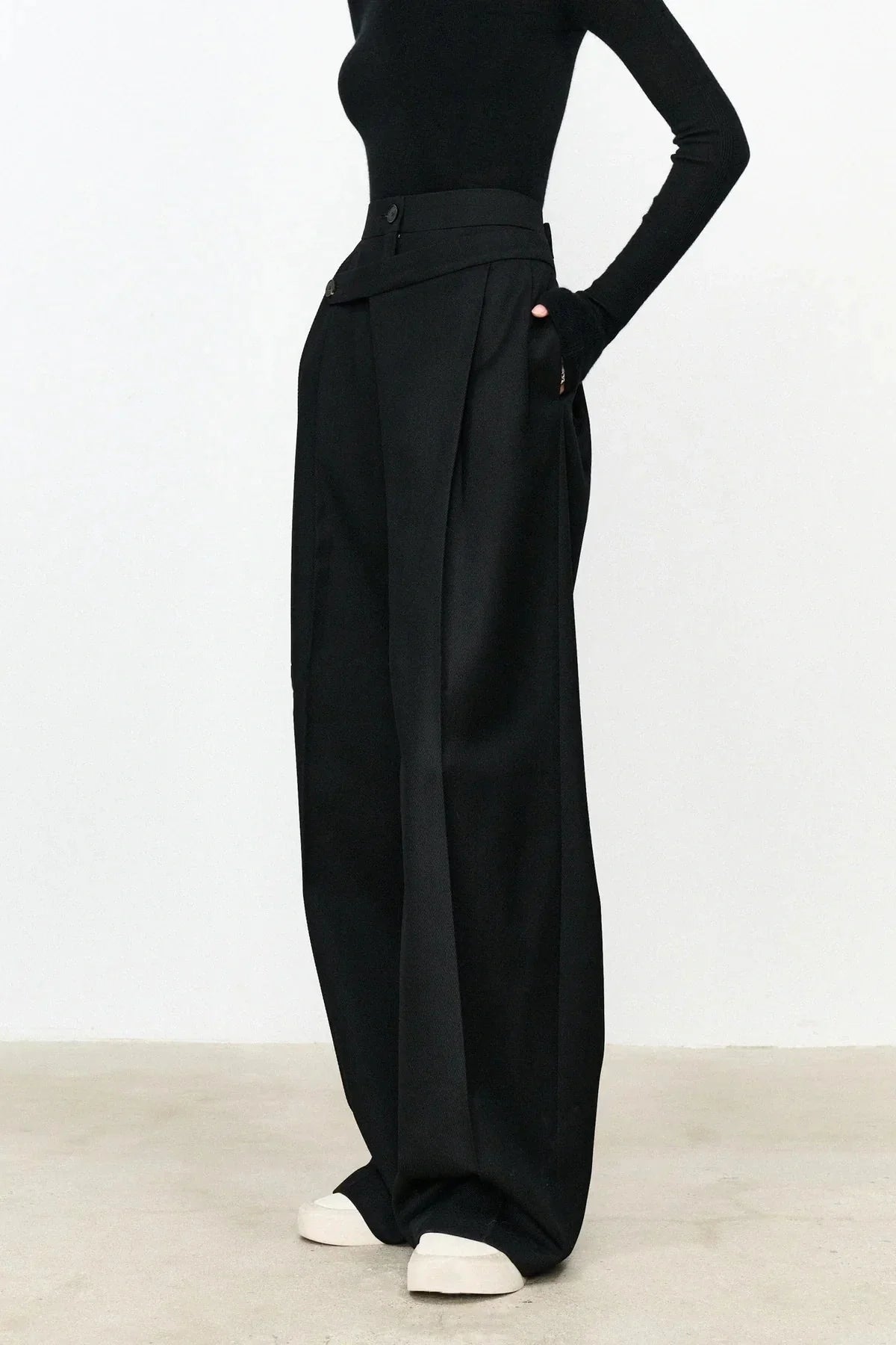 Asymmetric Layer Button Straight Leg Dress Pants