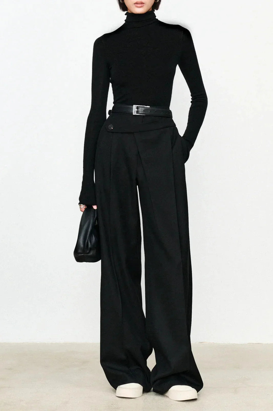 Asymmetric Layer Button Straight Leg Dress Pants
