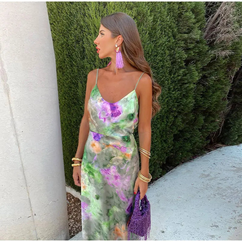 Anisten - Abito Maxi Elegante con Stampa Halo-Dye e Sciarpa Rimovibile