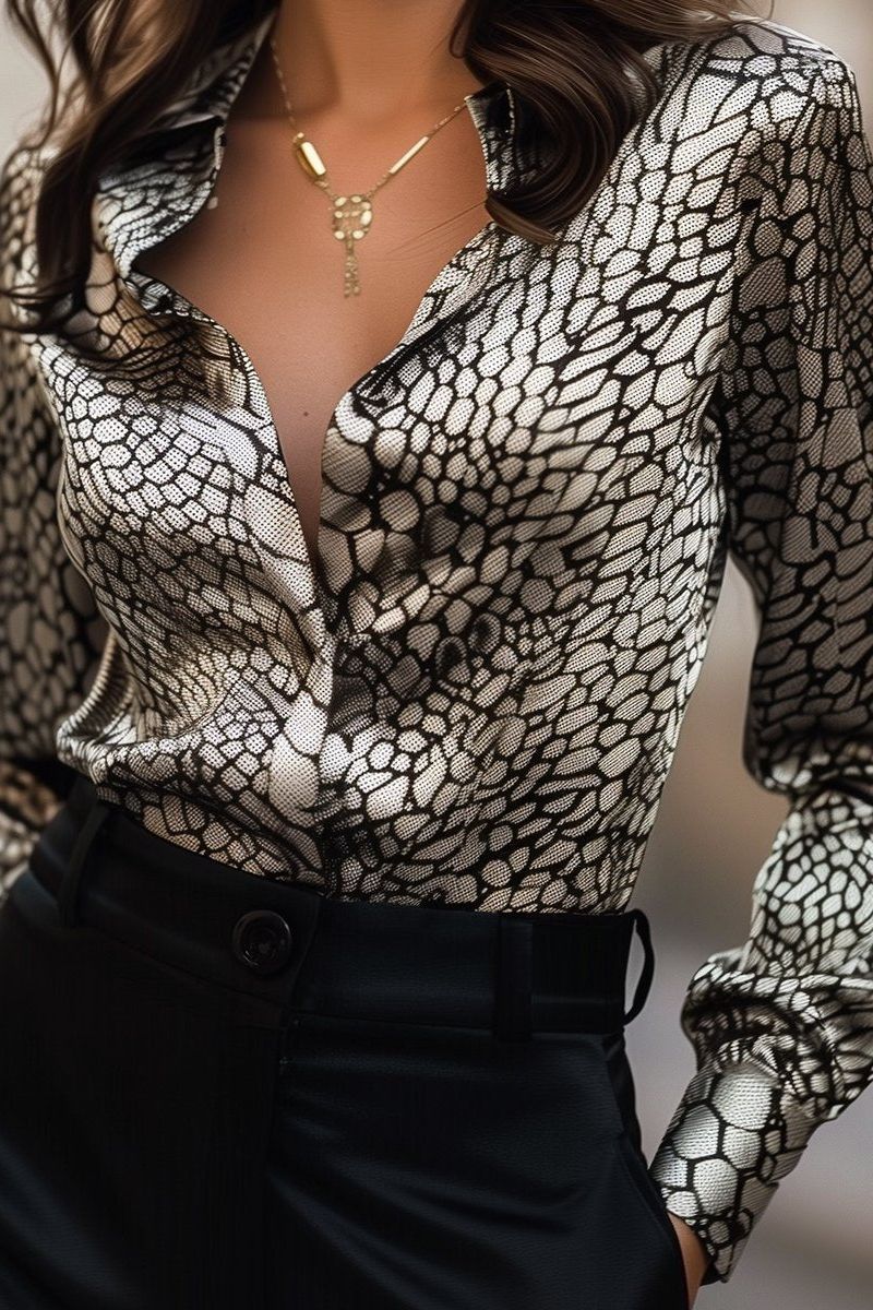 Modern Satin Printed Blouse with Classic Snake Pattern Elegance