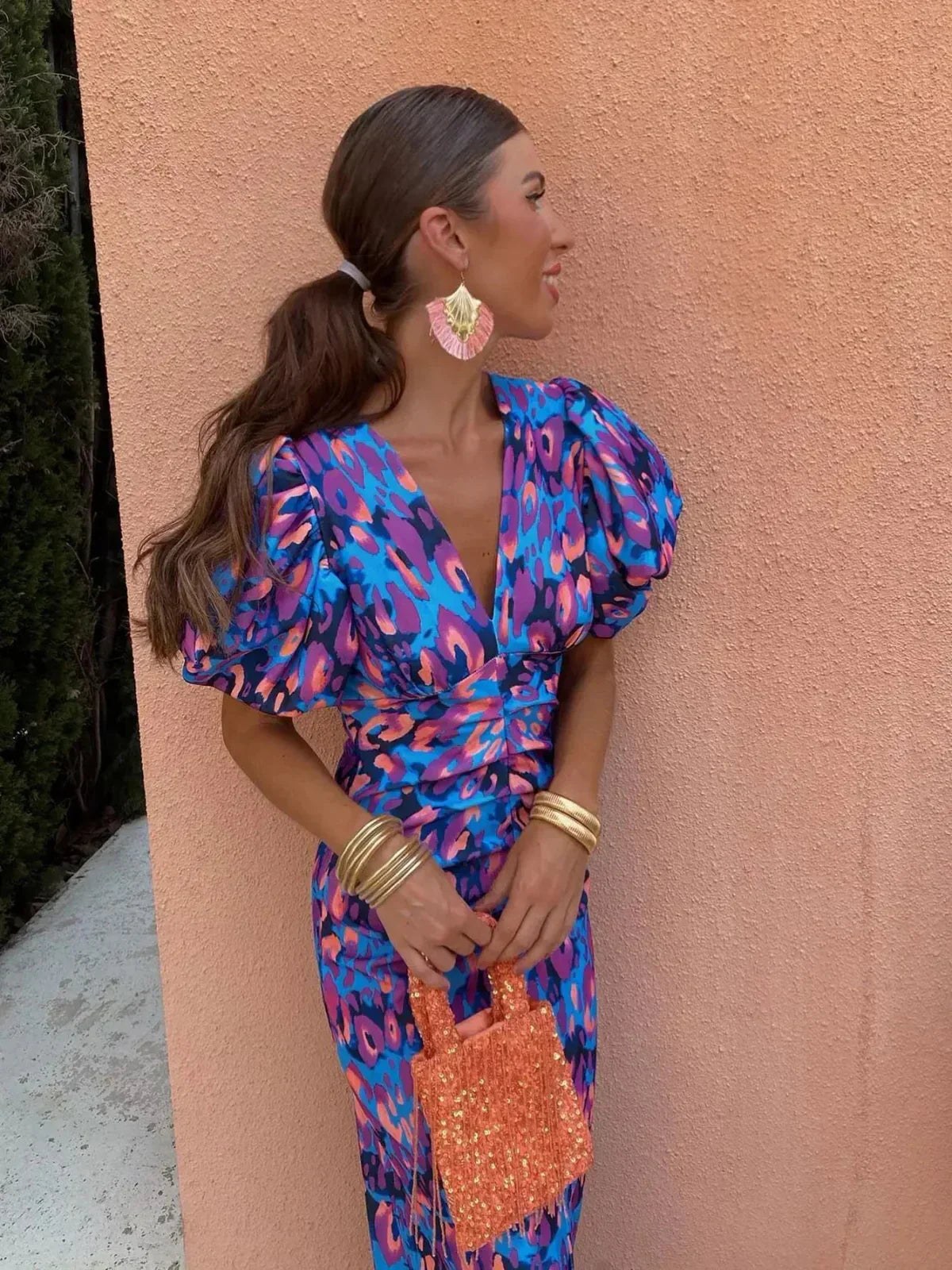 Arielle - Abito Midi Colorato con Maniche Plissettate