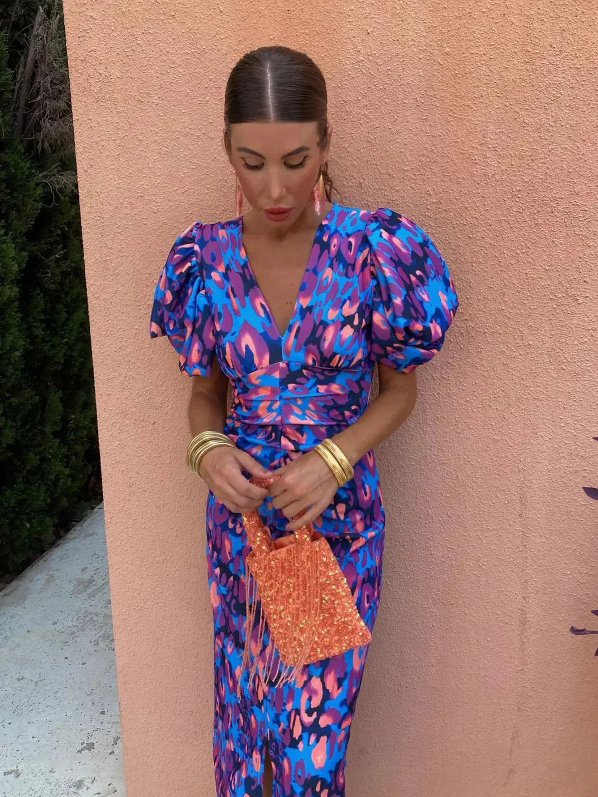 Arielle - Abito Midi Colorato con Maniche Plissettate