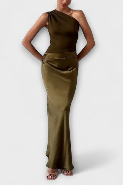 Elegant One-Shoulder Pleated Maxi Dress