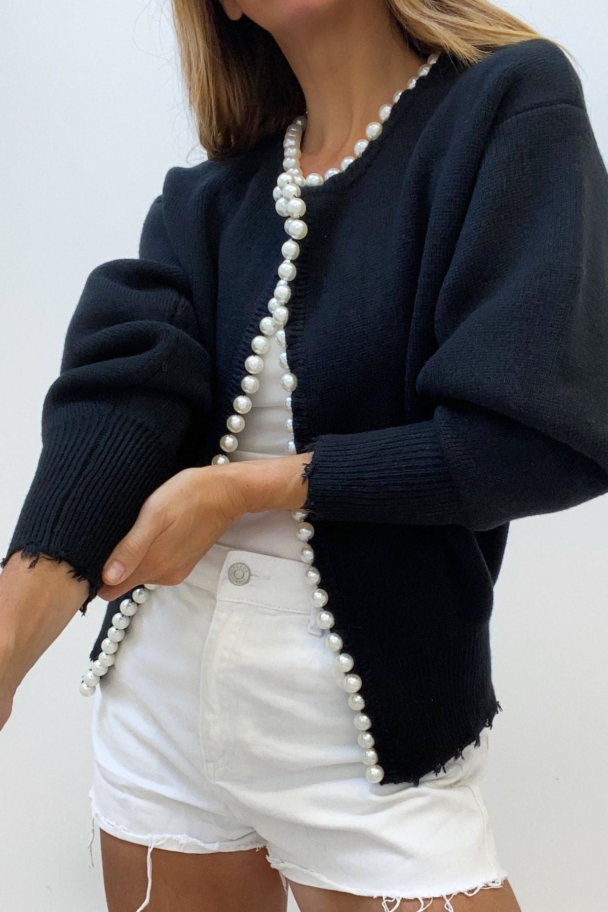 Pearl Trim Ripped Hem Cardigan