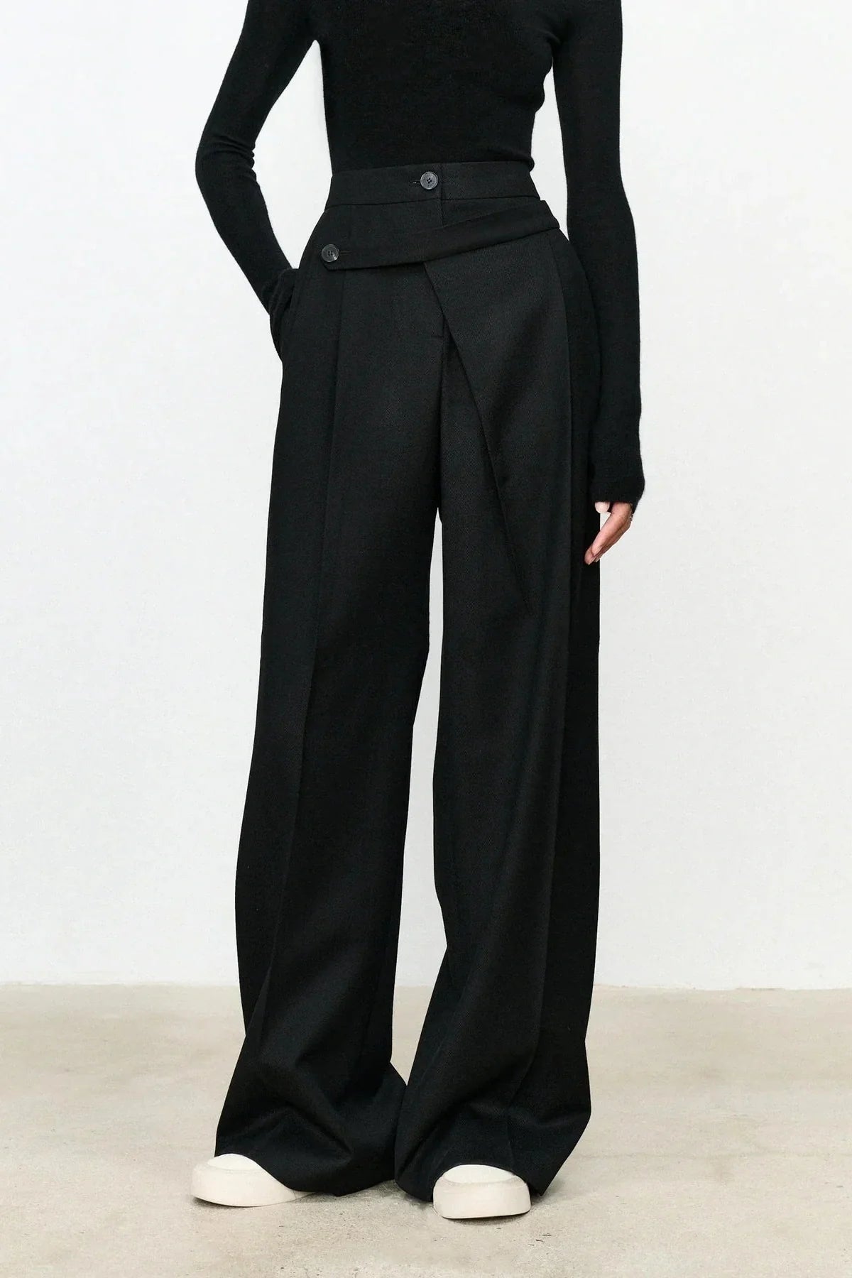 Asymmetric Layer Button Straight Leg Dress Pants