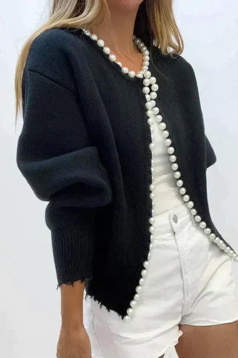Pearl Trim Ripped Hem Cardigan