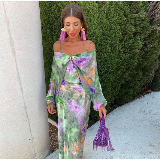 Anisten - Abito Maxi Elegante con Stampa Halo-Dye e Sciarpa Rimovibile