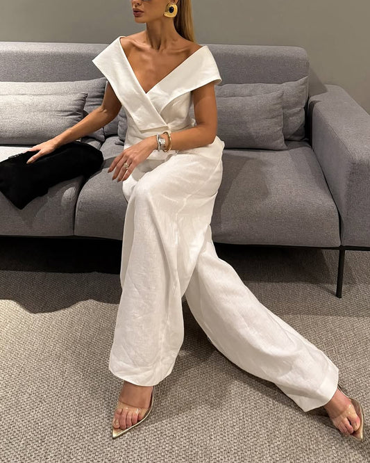 Fashion V-Neck Top & Wide Leg Pants Two-Piece Set