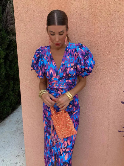 Arielle - Abito Midi Colorato con Maniche Plissettate