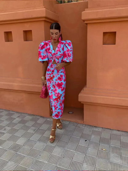 Arielle - Abito Midi Colorato con Maniche Plissettate