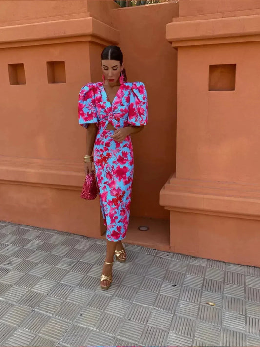 Arielle - Colorful Midi Dress with Pleated Sleeves